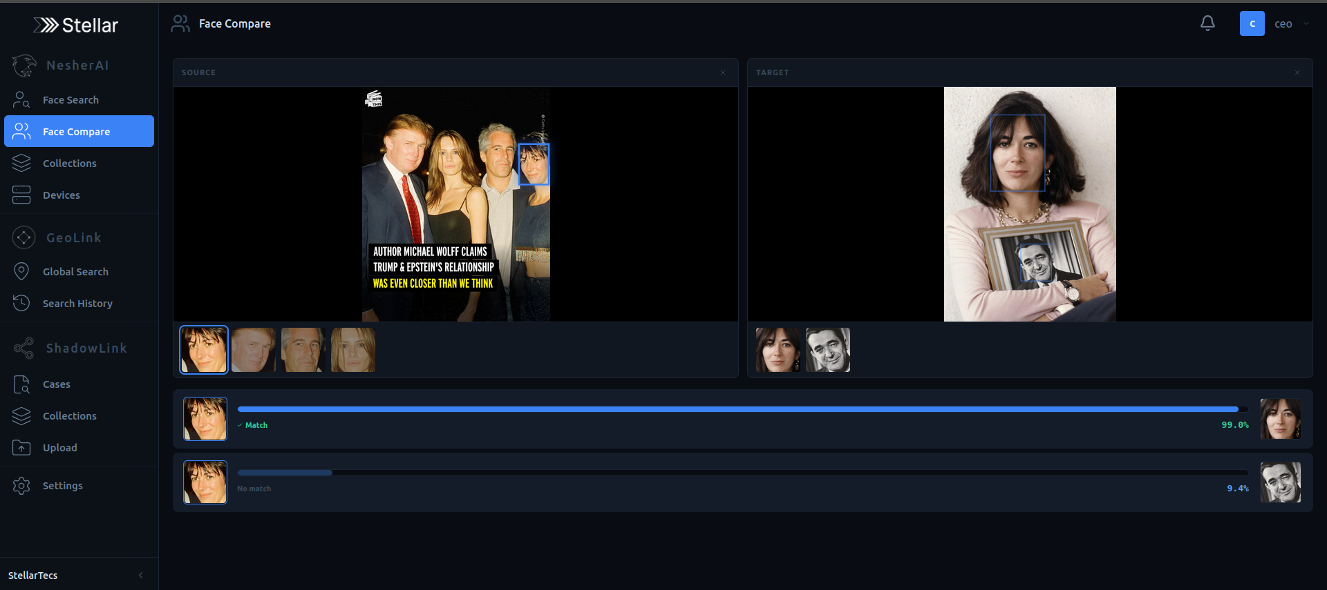 NesherAI Face Compare — verifying identity between two images with 99% match